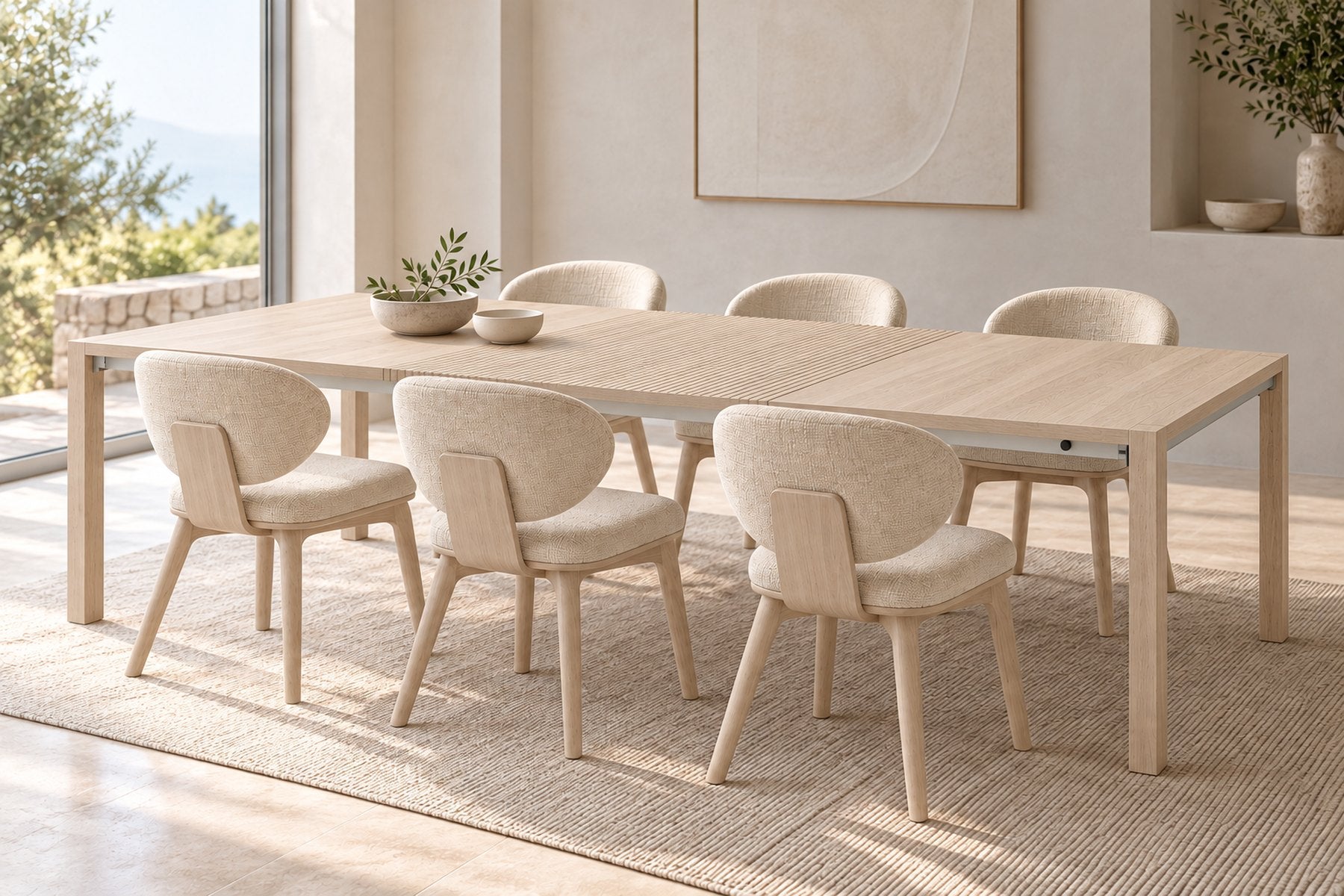 Six Aria chairs around the White Oak Accordion Table