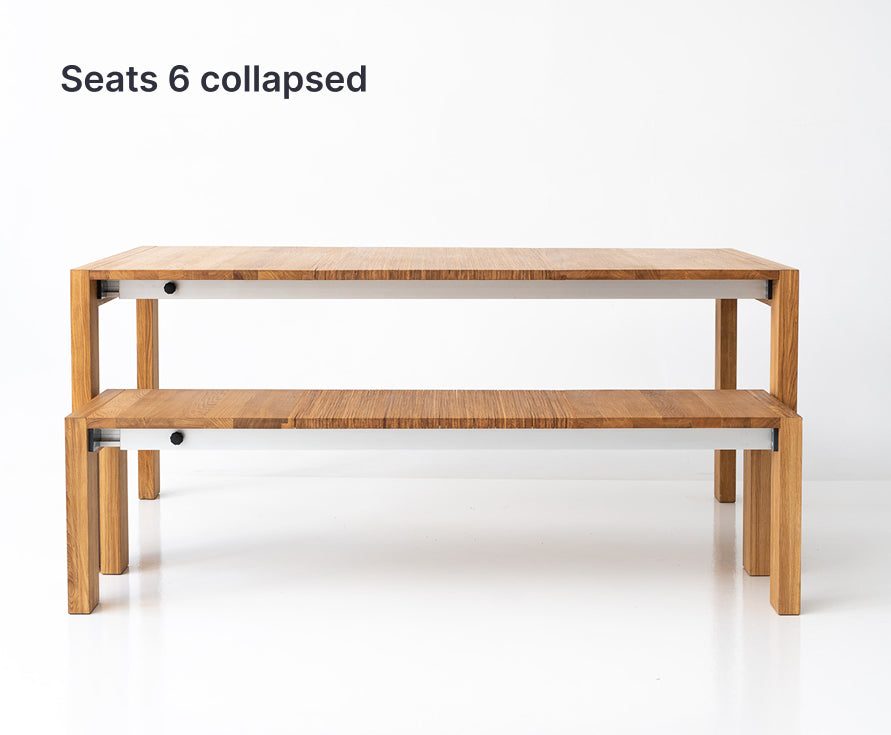 Collapsible wooden table and bench on a white background with text 'Seats 6 collapsed'.