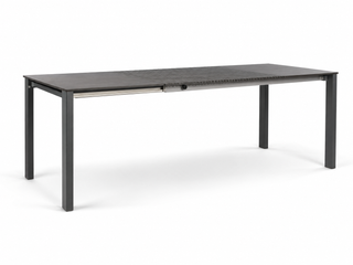 Outdoor Accordion Table extended, showing the powder-coated aluminium track