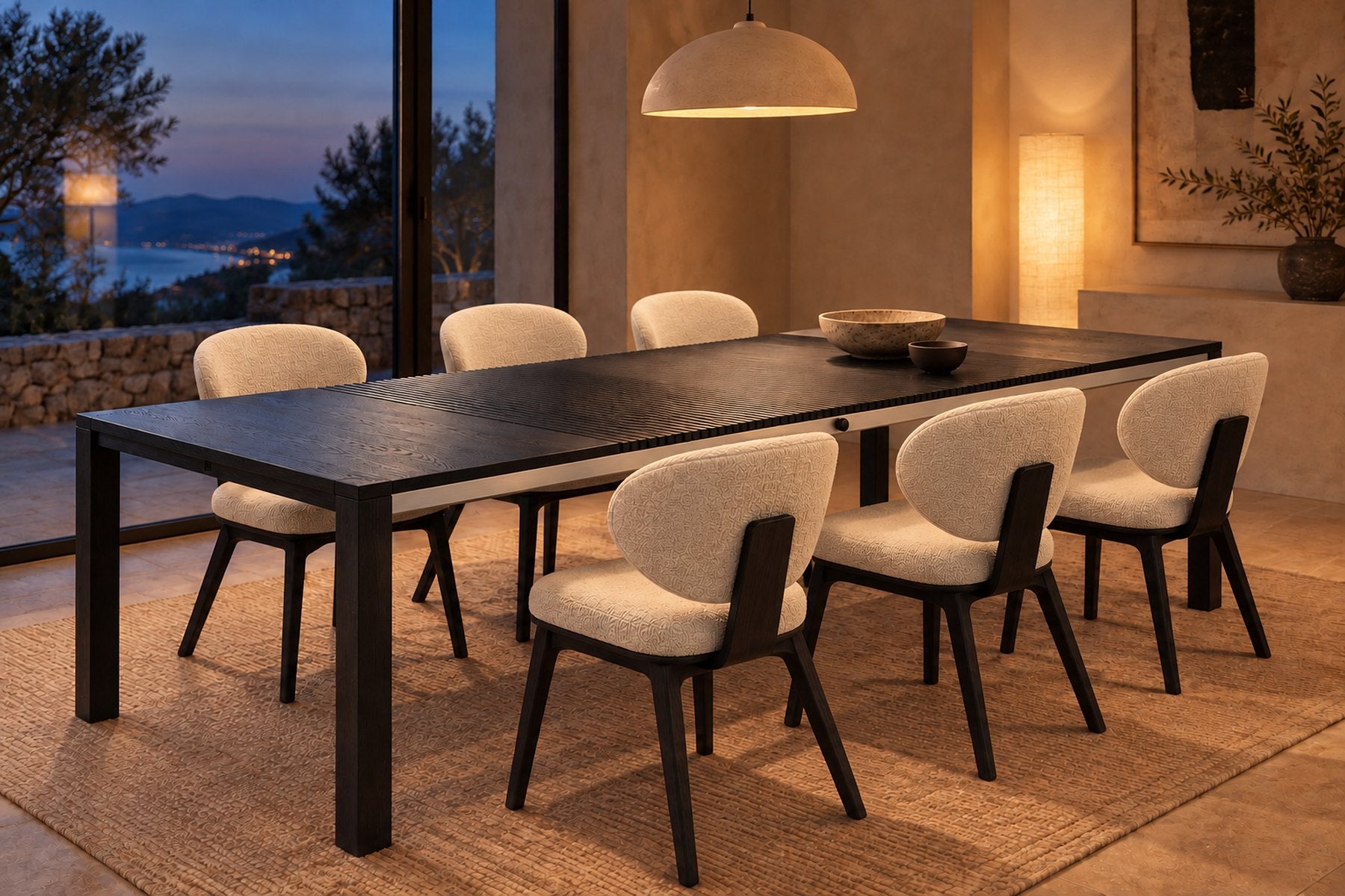Six Aria chairs around the Black Oak Accordion Table