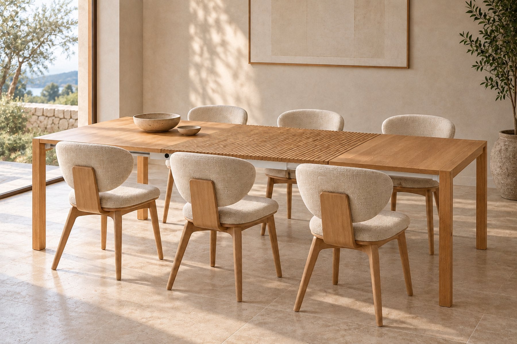 Six Aria chairs around the Natural Oak Accordion Table