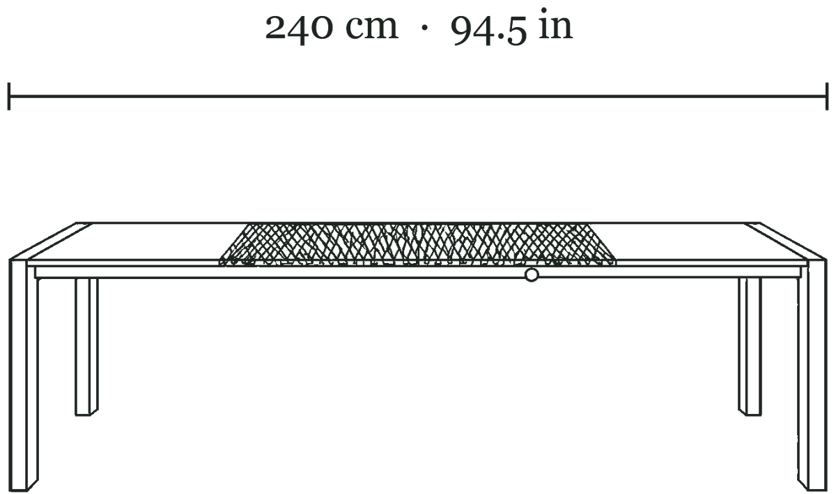 Line drawing of the open table with its 240 cm length