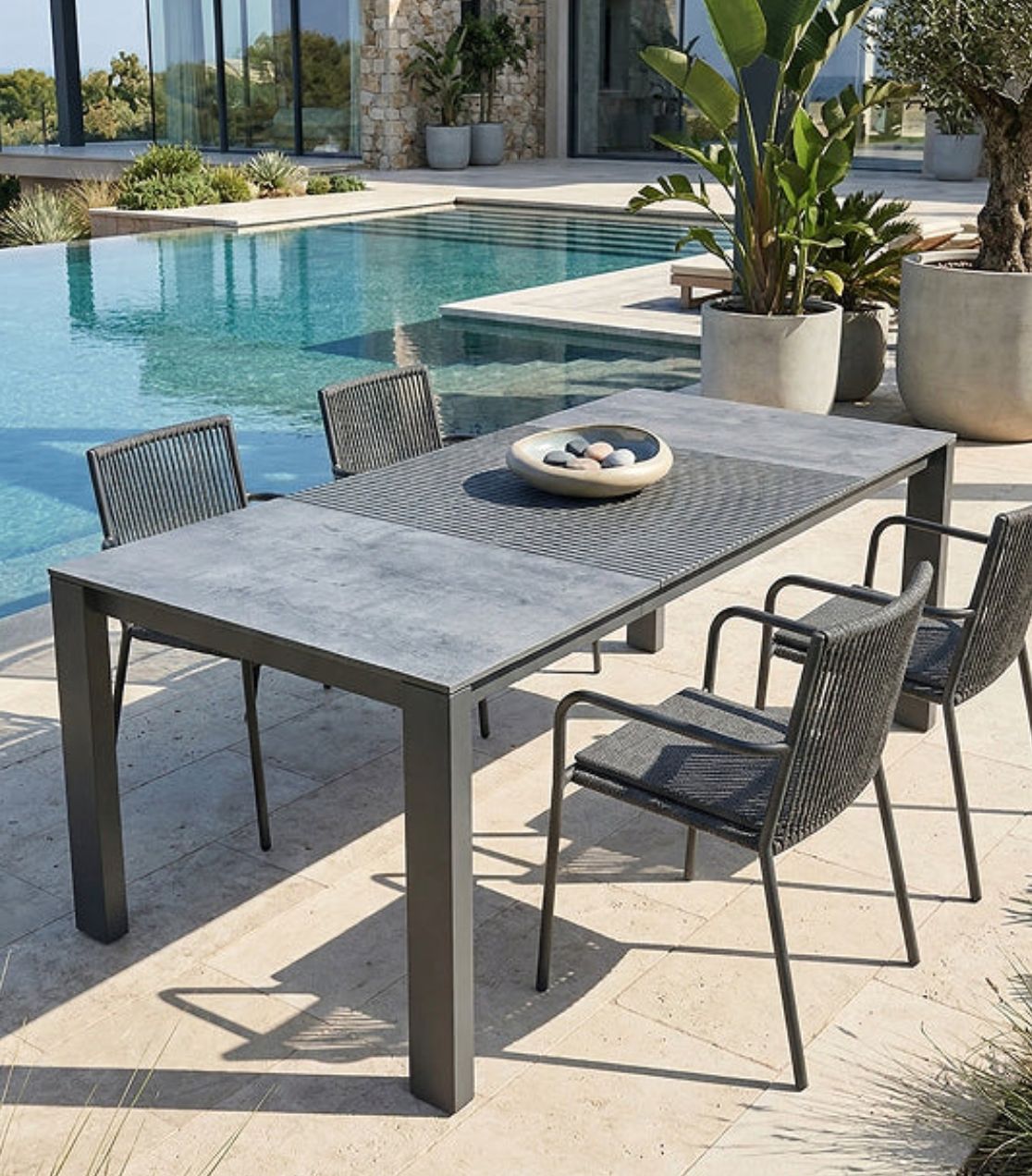 The outdoor table by a pool